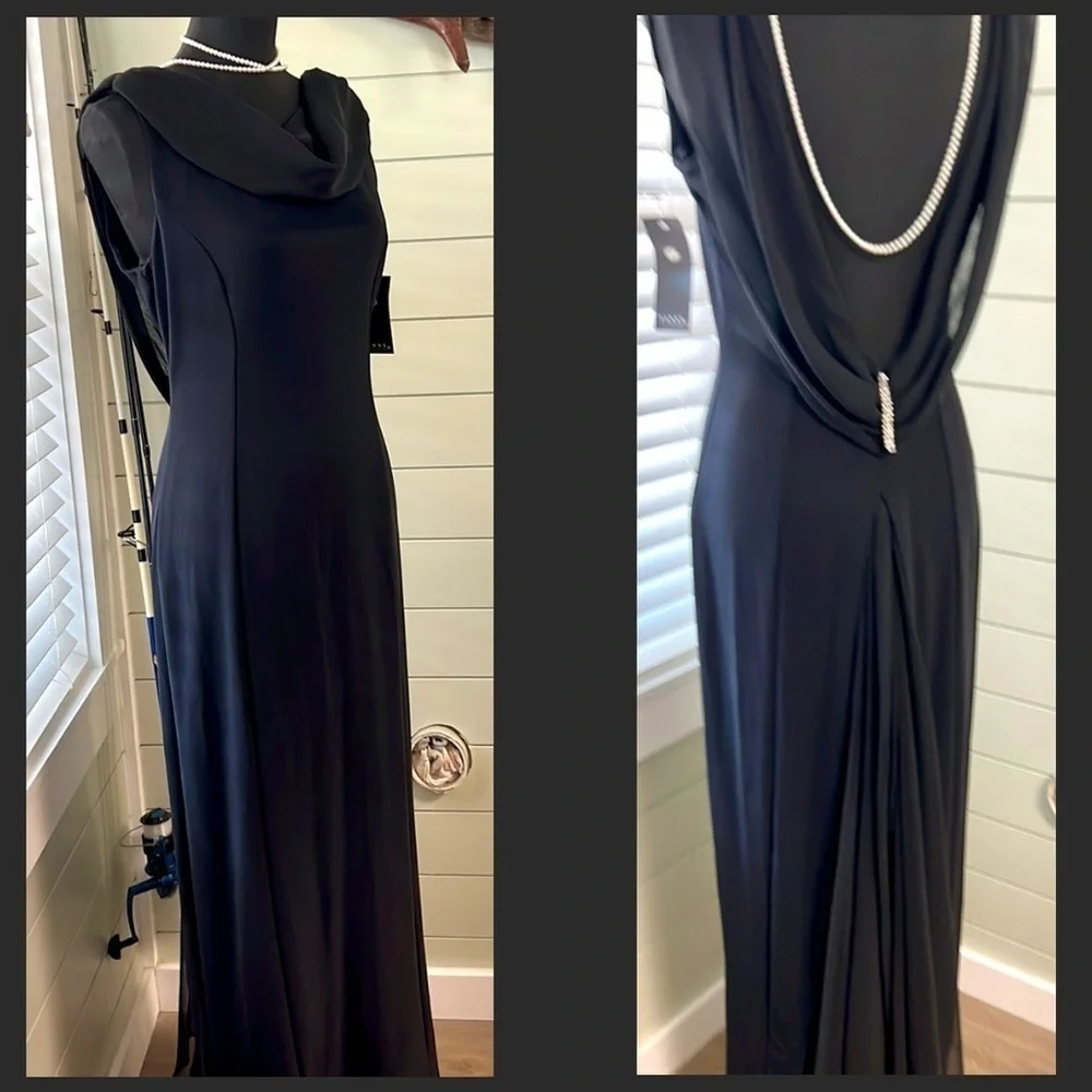 NWT, VTG Fanny Collection, Black,Draped Open-Back,Fishtail Evening Gown,Size 10